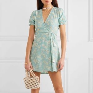 EUC Faithfull The Brand Mira Floral-Print Crepe Wrap Mini Blue Dress size S / 4